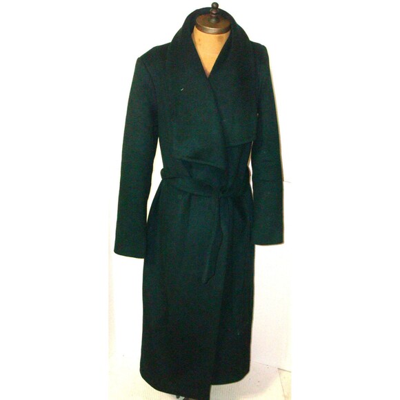 New Womens Cole Haan Coat 8 Wool Blend Trench Dark Green Petroleum Tie Waist Wra - Picture 2 of 11